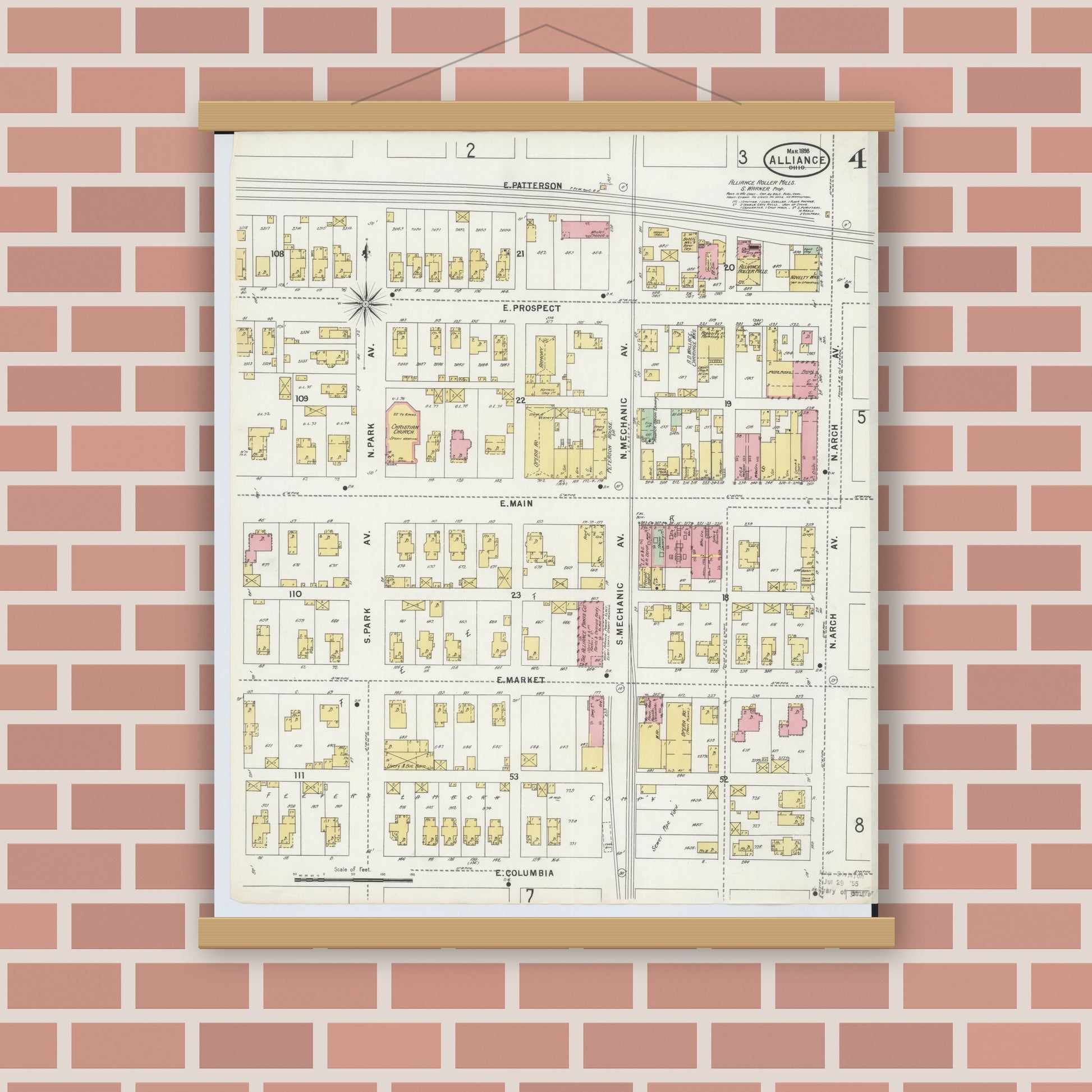 Old map wall art mockup — magnetic wood frame on brick wall — Sanborn Fire Insurance Map from Alliance, Stark County, Ohio (1898), Sheet #0004