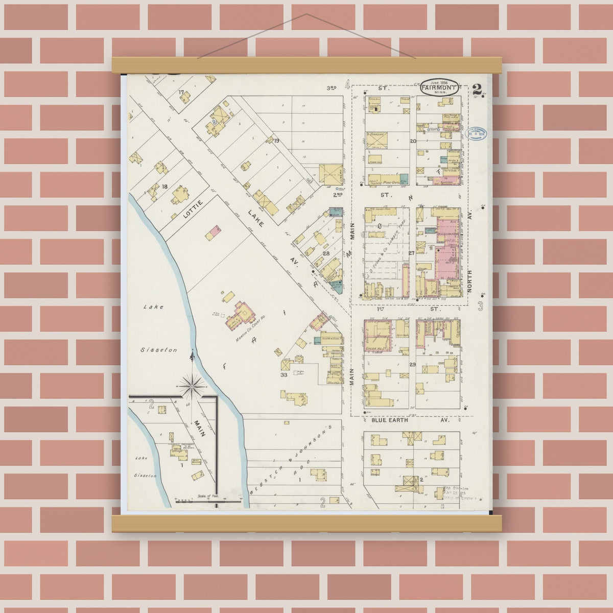 Old map wall art mockup — magnetic wood frame on brick wall — Sanborn Fire Insurance Map from Fairmont, Martin County, Minnesota (1894), Sheet #0002