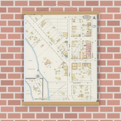 Old map wall art mockup — magnetic wood frame on brick wall — Sanborn Fire Insurance Map from Fairmont, Martin County, Minnesota (1894), Sheet #0002