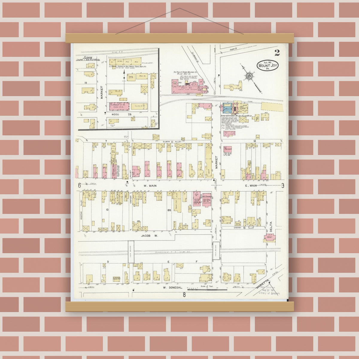Old map wall art mockup — magnetic wood frame on brick wall — Sanborn Fire Insurance Map from Mount Joy, Lancaster County, Pennsylvania (1912), Sheet #0002