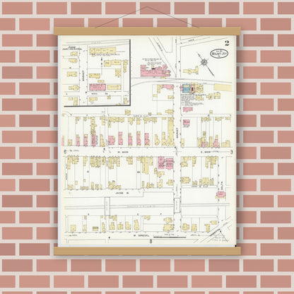 Old map wall art mockup — magnetic wood frame on brick wall — Sanborn Fire Insurance Map from Mount Joy, Lancaster County, Pennsylvania (1912), Sheet #0002