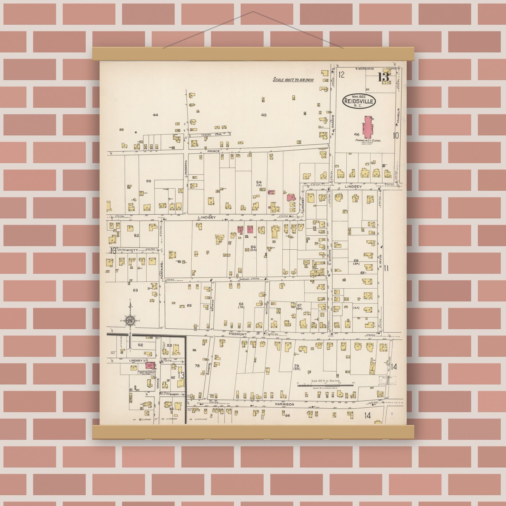 Old map wall art mockup — magnetic wood frame on brick wall — Sanborn Fire Insurance Map from Reidsville, Rockingham County, North Carolina (1922), Sheet #0013