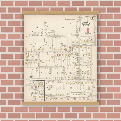 Old map wall art mockup — magnetic wood frame on brick wall — Sanborn Fire Insurance Map from Reidsville, Rockingham County, North Carolina (1922), Sheet #0013