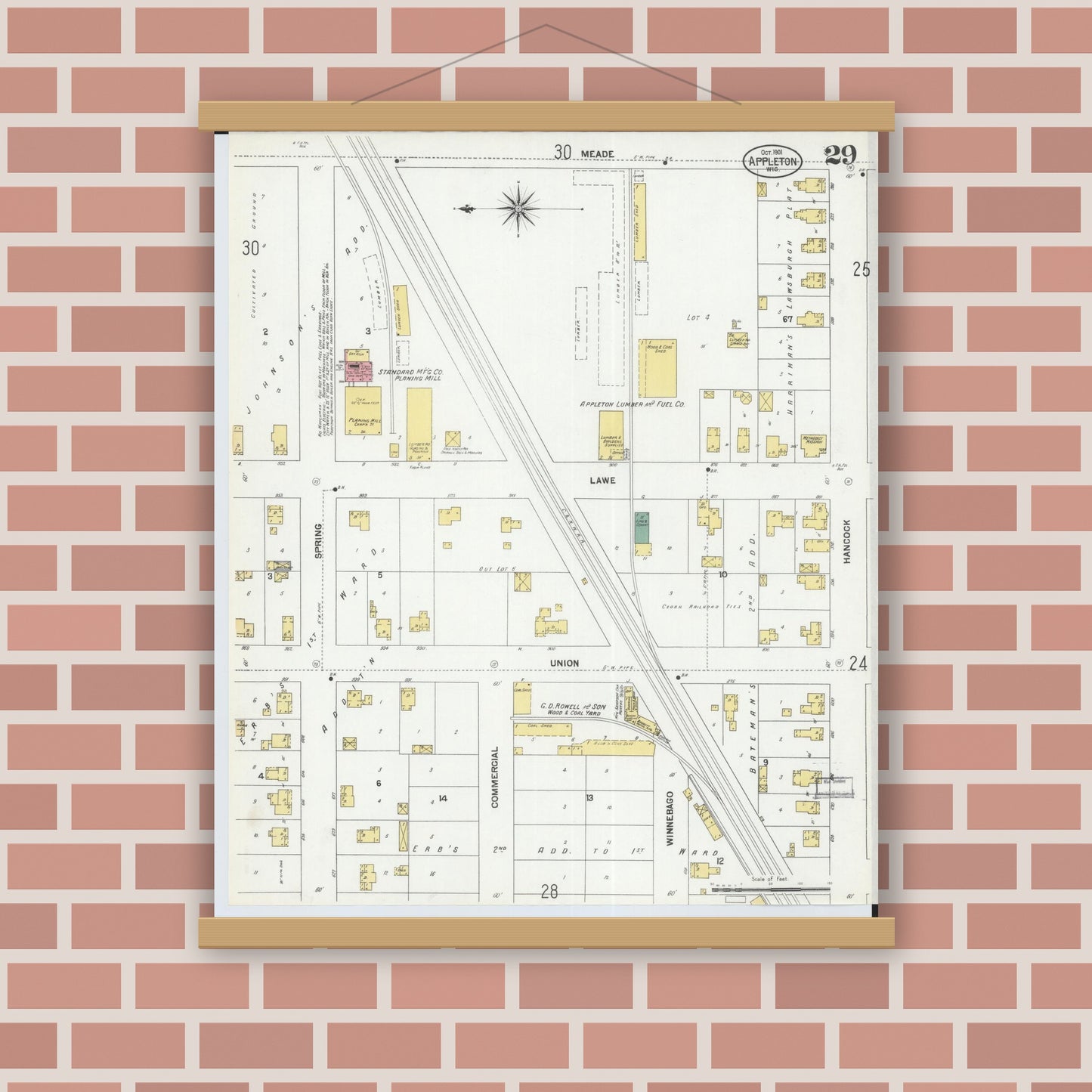 Old map wall art mockup — magnetic wood frame on brick wall — Sanborn Fire Insurance Map from Appleton, Outagamie County, Wisconsin (1901), Sheet #0029