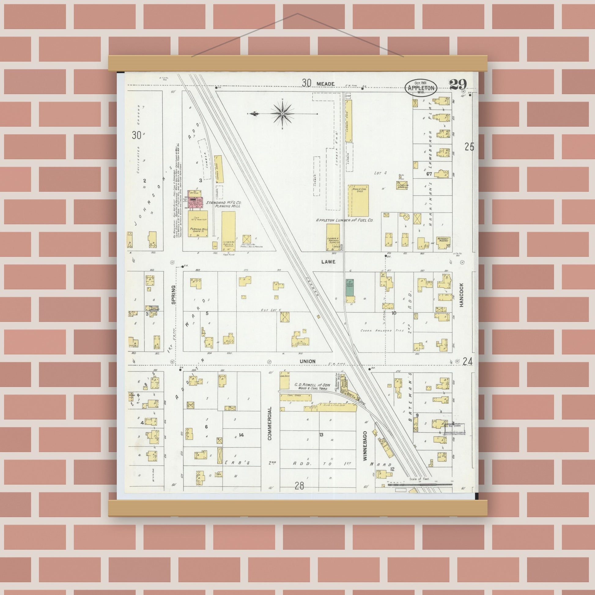 Old map wall art mockup — magnetic wood frame on brick wall — Sanborn Fire Insurance Map from Appleton, Outagamie County, Wisconsin (1901), Sheet #0029