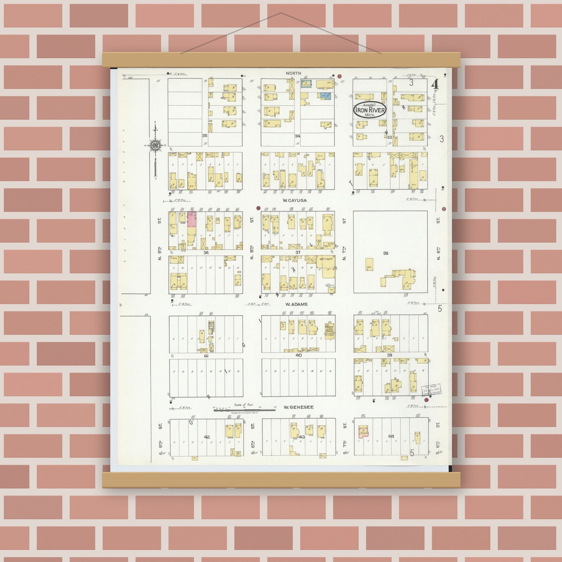Old map wall art mockup — magnetic wood frame on brick wall — Sanborn Fire Insurance Map from Iron River, Iron County, Michigan (1917), Sheet #0004