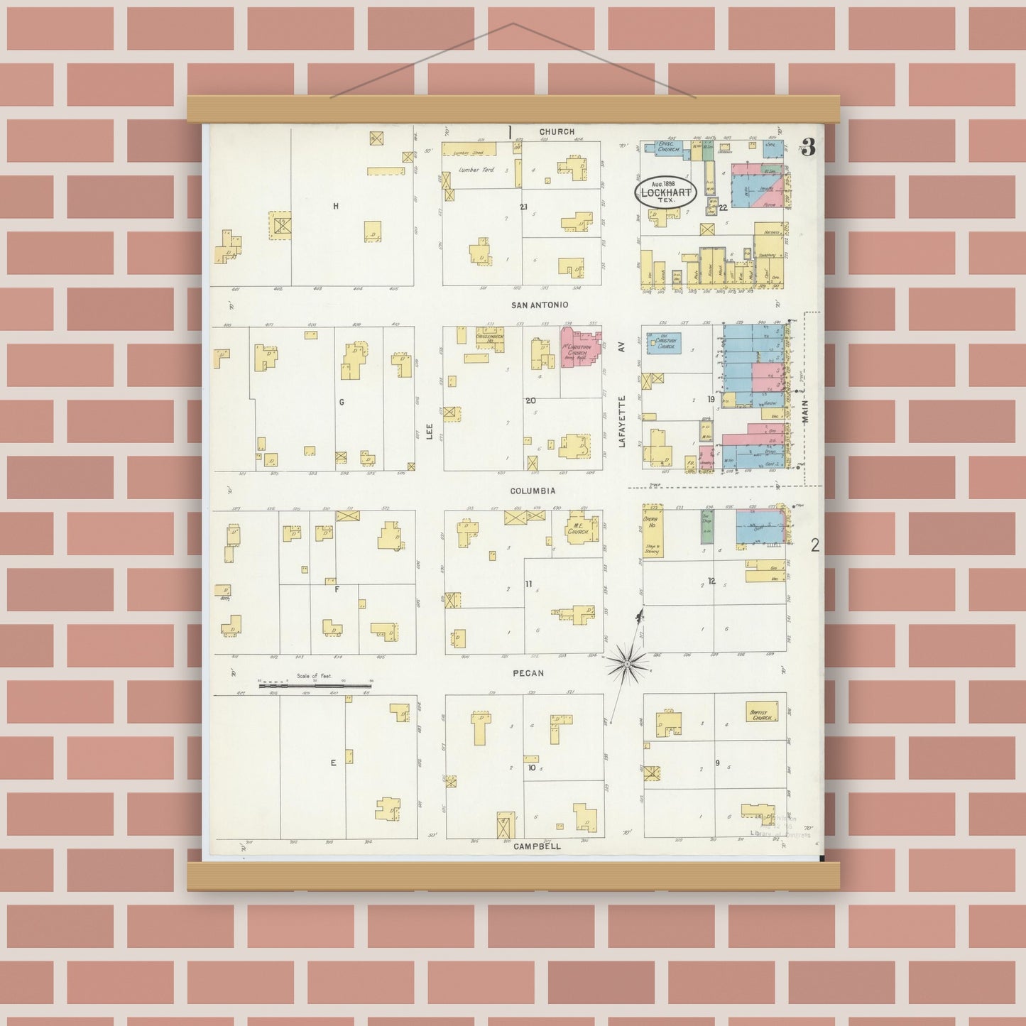 Old map wall art mockup — magnetic wood frame on brick wall — Sanborn Fire Insurance Map from Lockhart, Caldwell County, Texas (1898), Sheet #0003