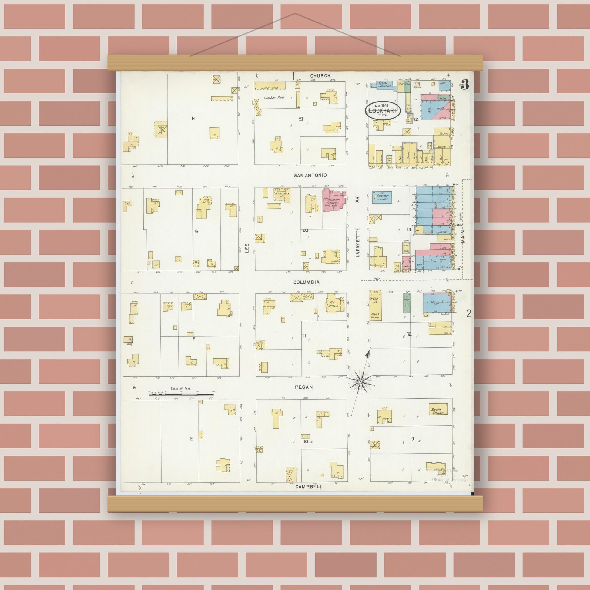 Old map wall art mockup — magnetic wood frame on brick wall — Sanborn Fire Insurance Map from Lockhart, Caldwell County, Texas (1898), Sheet #0003