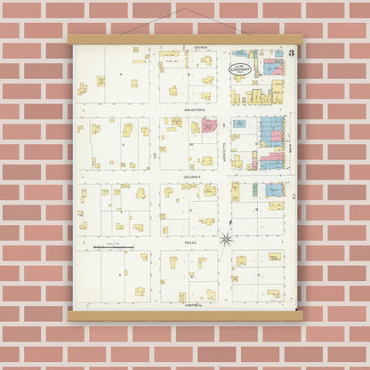 Old map wall art mockup — magnetic wood frame on brick wall — Sanborn Fire Insurance Map from Lockhart, Caldwell County, Texas (1898), Sheet #0003