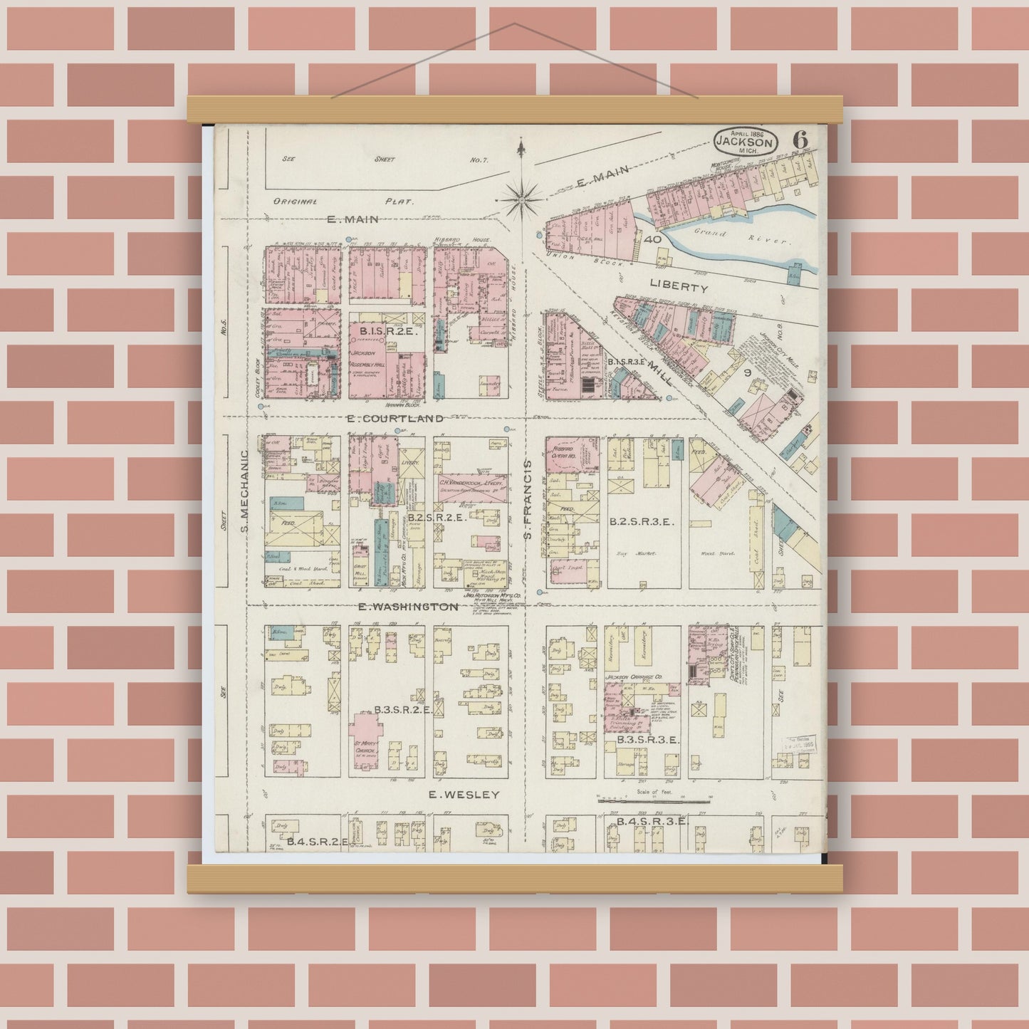 Old map wall art mockup — magnetic wood frame on brick wall — Sanborn Fire Insurance Map from Jackson, Jackson County, Michigan (1886), Sheet #0006
