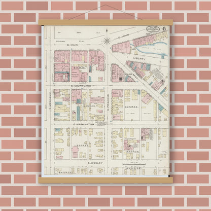 Old map wall art mockup — magnetic wood frame on brick wall — Sanborn Fire Insurance Map from Jackson, Jackson County, Michigan (1886), Sheet #0006