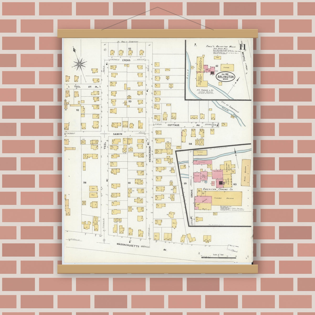 Old map wall art mockup — magnetic wood frame on brick wall — Sanborn Fire Insurance Map from Arlington, Middlesex County, Massachusetts (1908), Sheet #0011