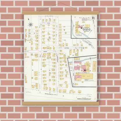 Old map wall art mockup — magnetic wood frame on brick wall — Sanborn Fire Insurance Map from Arlington, Middlesex County, Massachusetts (1908), Sheet #0011