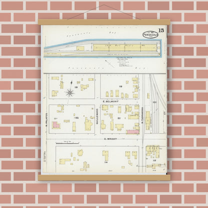 Old map wall art mockup — magnetic wood frame on brick wall — Sanborn Fire Insurance Map from Pensacola, Escambia County, Florida (1892), Sheet #0015