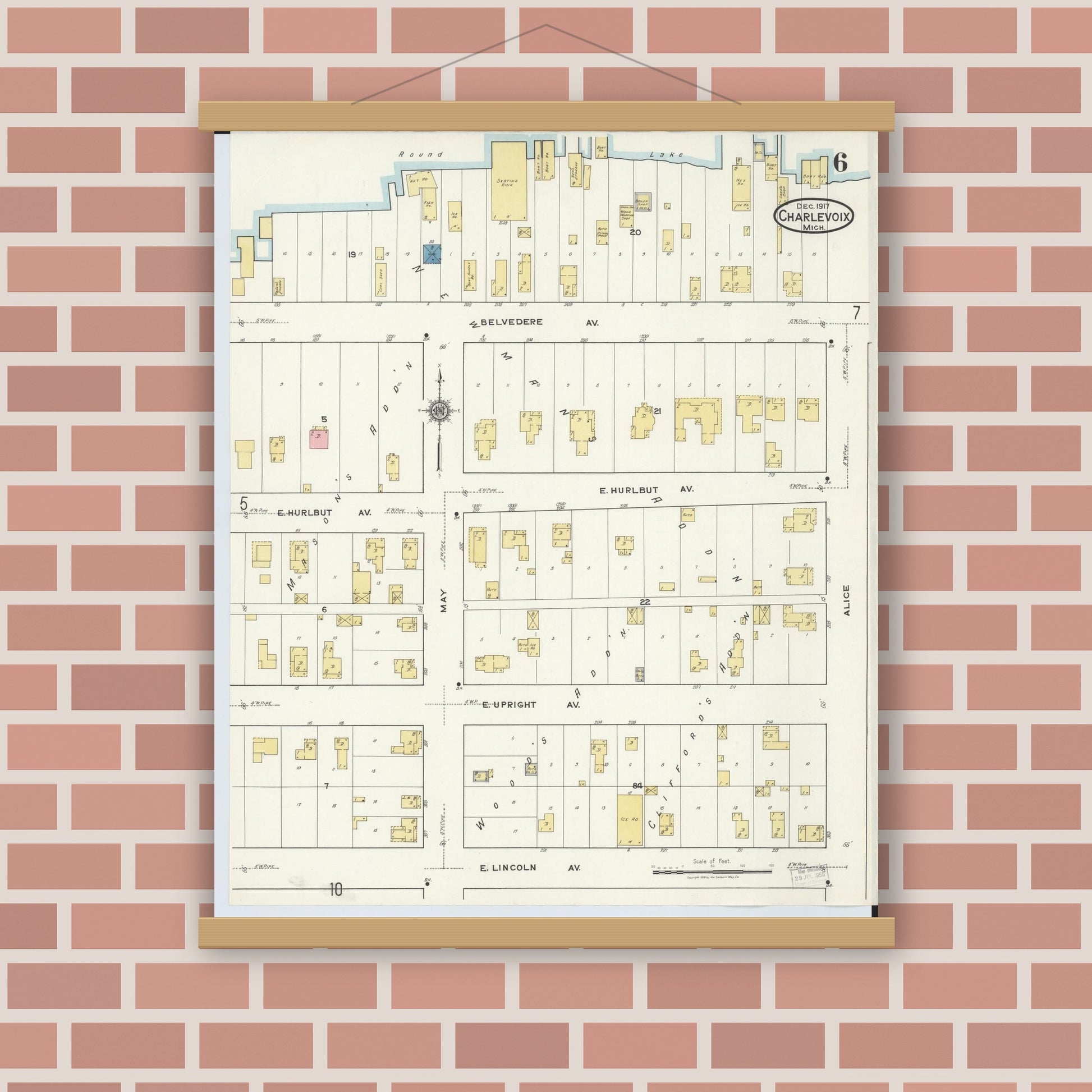 Old map wall art mockup — magnetic wood frame on brick wall — Sanborn Fire Insurance Map from Charlevoix, Charlevoix County, Michigan (1917), Sheet #0006