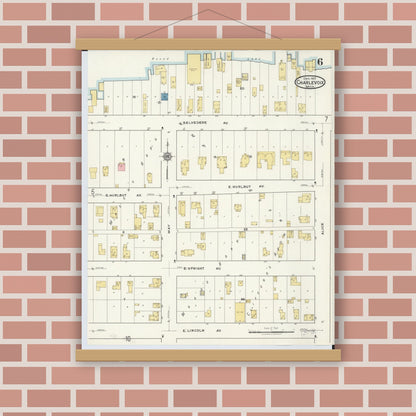 Old map wall art mockup — magnetic wood frame on brick wall — Sanborn Fire Insurance Map from Charlevoix, Charlevoix County, Michigan (1917), Sheet #0006
