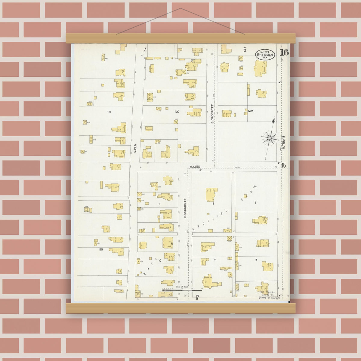 Old map wall art mockup — magnetic wood frame on brick wall — Sanborn Fire Insurance Map from Sherman, Grayson County, Texas (1902), Sheet #0016