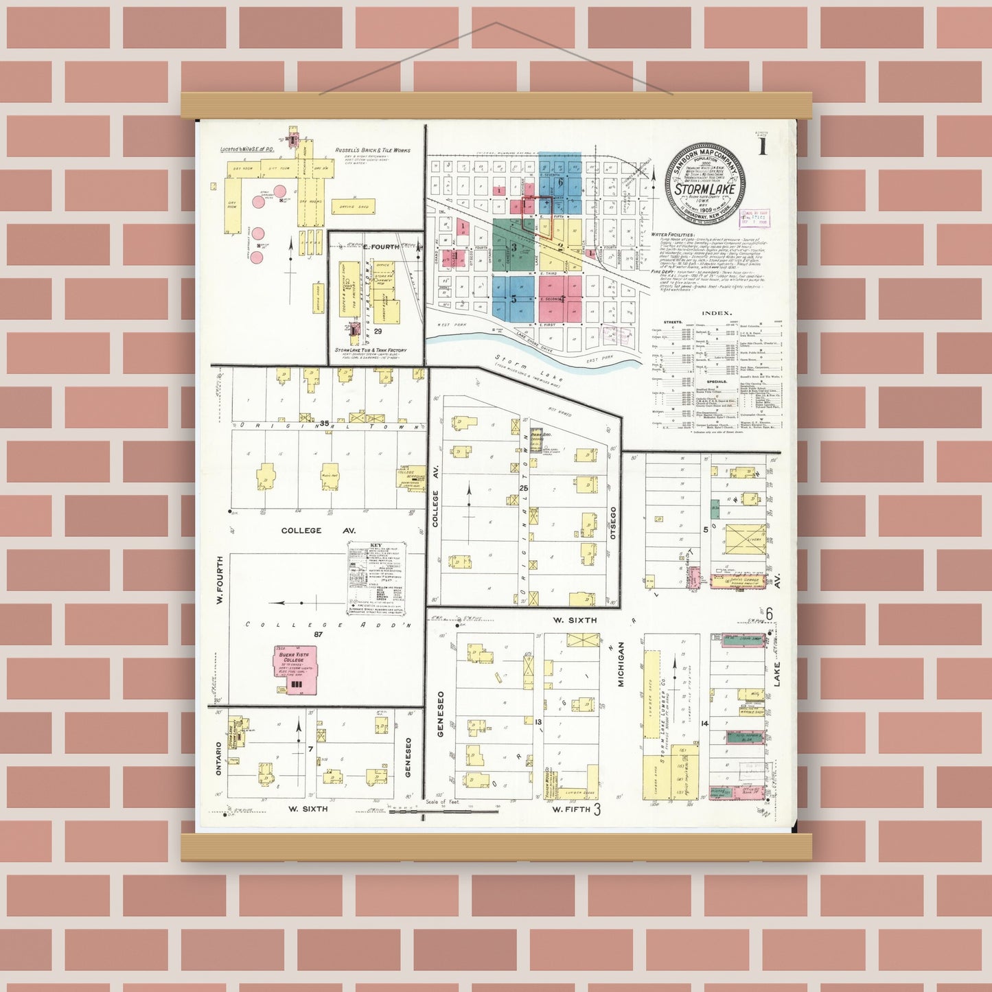 Old map wall art mockup — magnetic wood frame on brick wall — Sanborn Fire Insurance Map from Storm Lake, Buena Vista County, Iowa (1909), Sheet #0001
