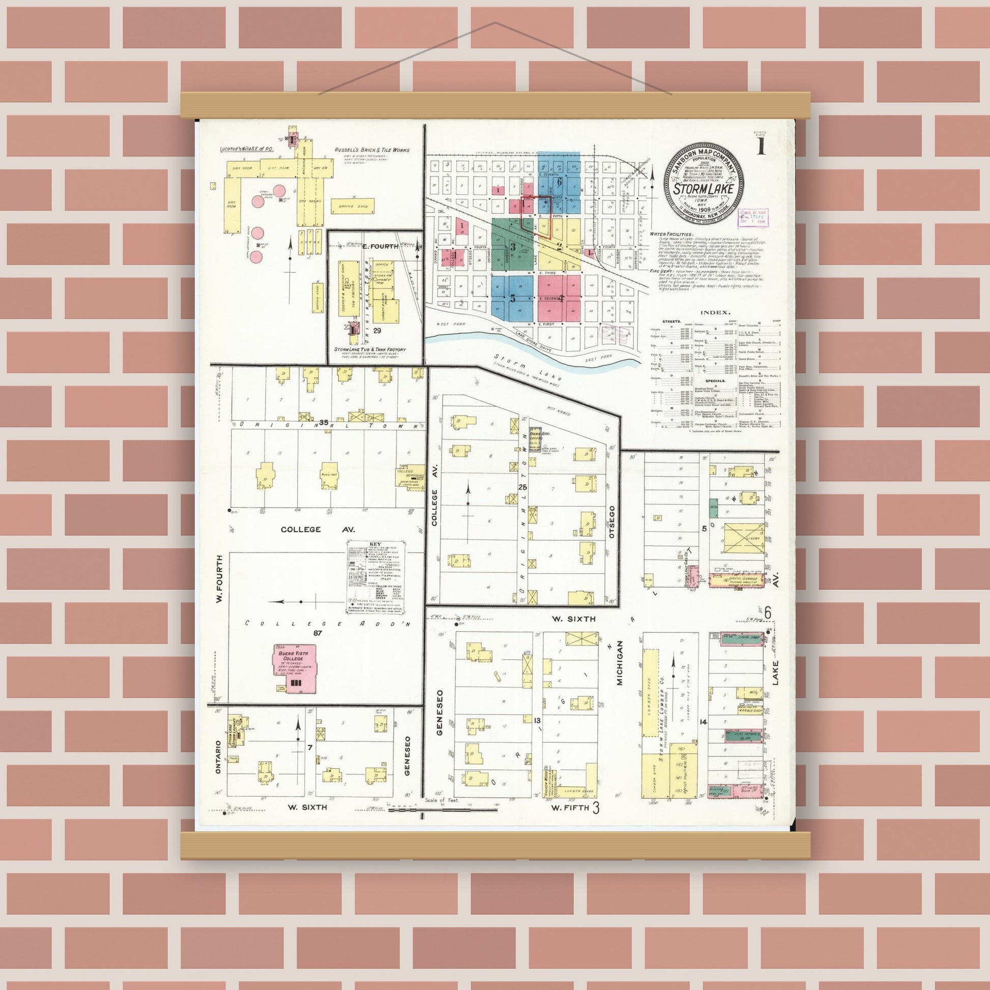 Old map wall art mockup — magnetic wood frame on brick wall — Sanborn Fire Insurance Map from Storm Lake, Buena Vista County, Iowa (1909), Sheet #0001