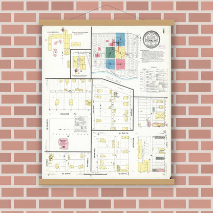 Old map wall art mockup — magnetic wood frame on brick wall — Sanborn Fire Insurance Map from Storm Lake, Buena Vista County, Iowa (1909), Sheet #0001