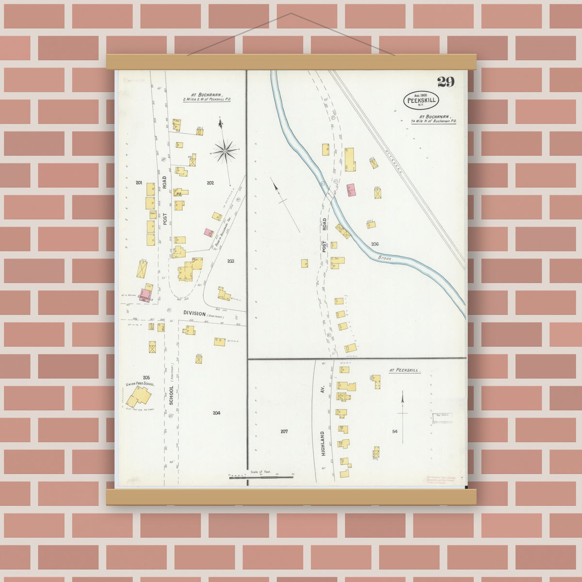 Old map wall art mockup — magnetic wood frame on brick wall — Sanborn Fire Insurance Map from Peekskill, Westchester County, New York (1900), Sheet #0029