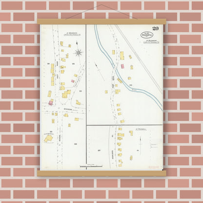 Old map wall art mockup — magnetic wood frame on brick wall — Sanborn Fire Insurance Map from Peekskill, Westchester County, New York (1900), Sheet #0029