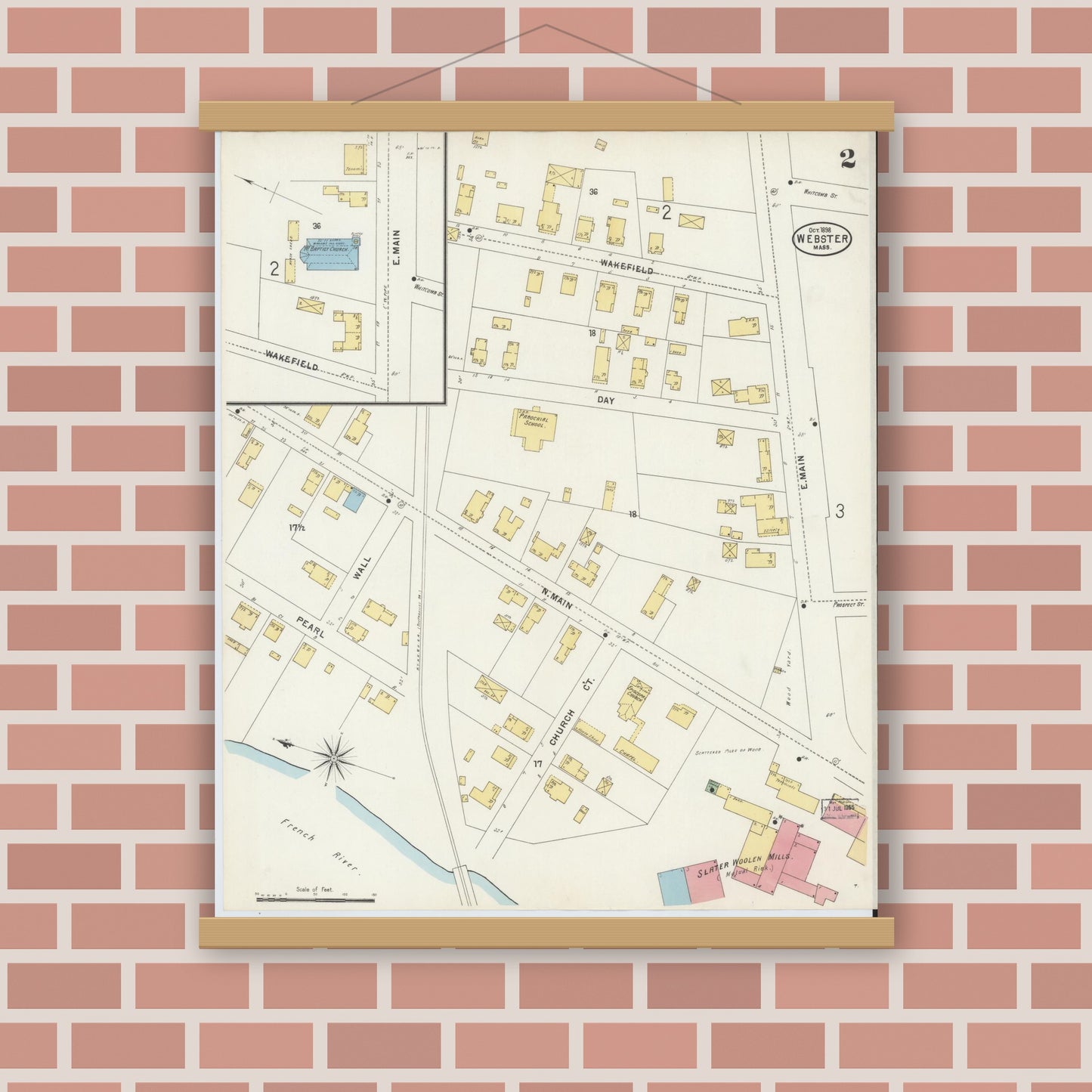 Old map wall art mockup — magnetic wood frame on brick wall — Sanborn Fire Insurance Map from Webster, Worcester County, Massachusetts (1898), Sheet #0002