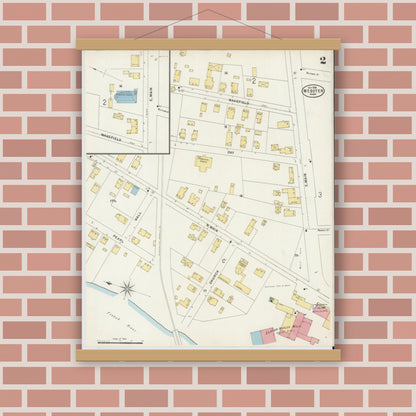 Old map wall art mockup — magnetic wood frame on brick wall — Sanborn Fire Insurance Map from Webster, Worcester County, Massachusetts (1898), Sheet #0002