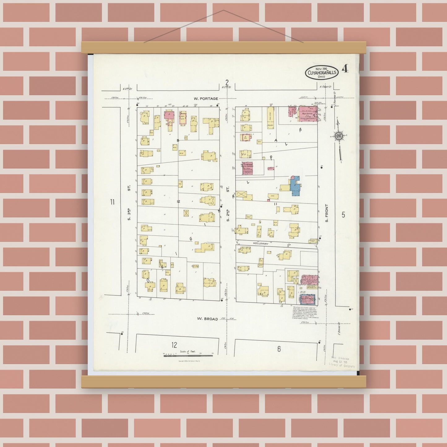 Old map wall art mockup — magnetic wood frame on brick wall — Sanborn Fire Insurance Map from Cuyahoga Falls, Summit County, Ohio (1916), Sheet #0004