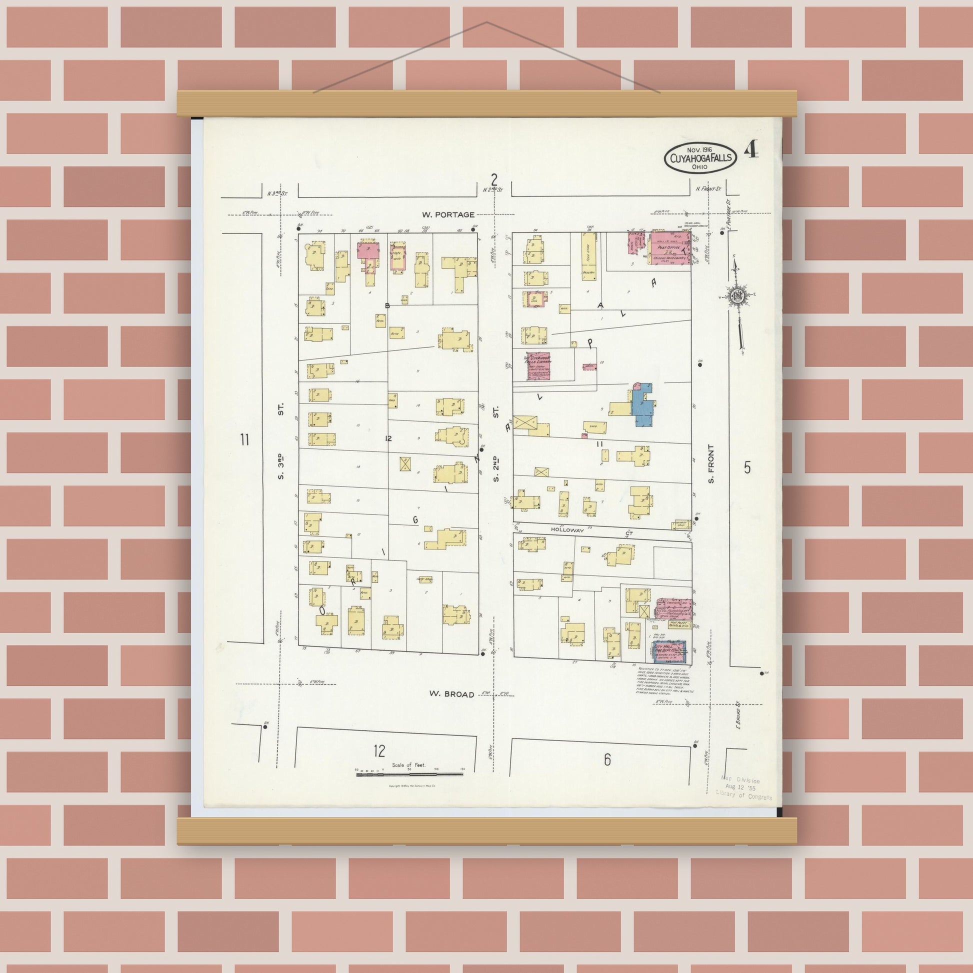 Old map wall art mockup — magnetic wood frame on brick wall — Sanborn Fire Insurance Map from Cuyahoga Falls, Summit County, Ohio (1916), Sheet #0004