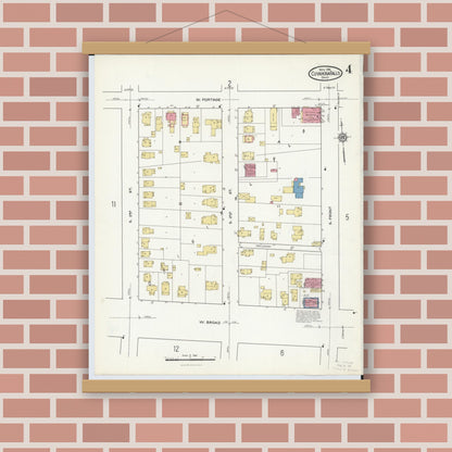 Old map wall art mockup — magnetic wood frame on brick wall — Sanborn Fire Insurance Map from Cuyahoga Falls, Summit County, Ohio (1916), Sheet #0004