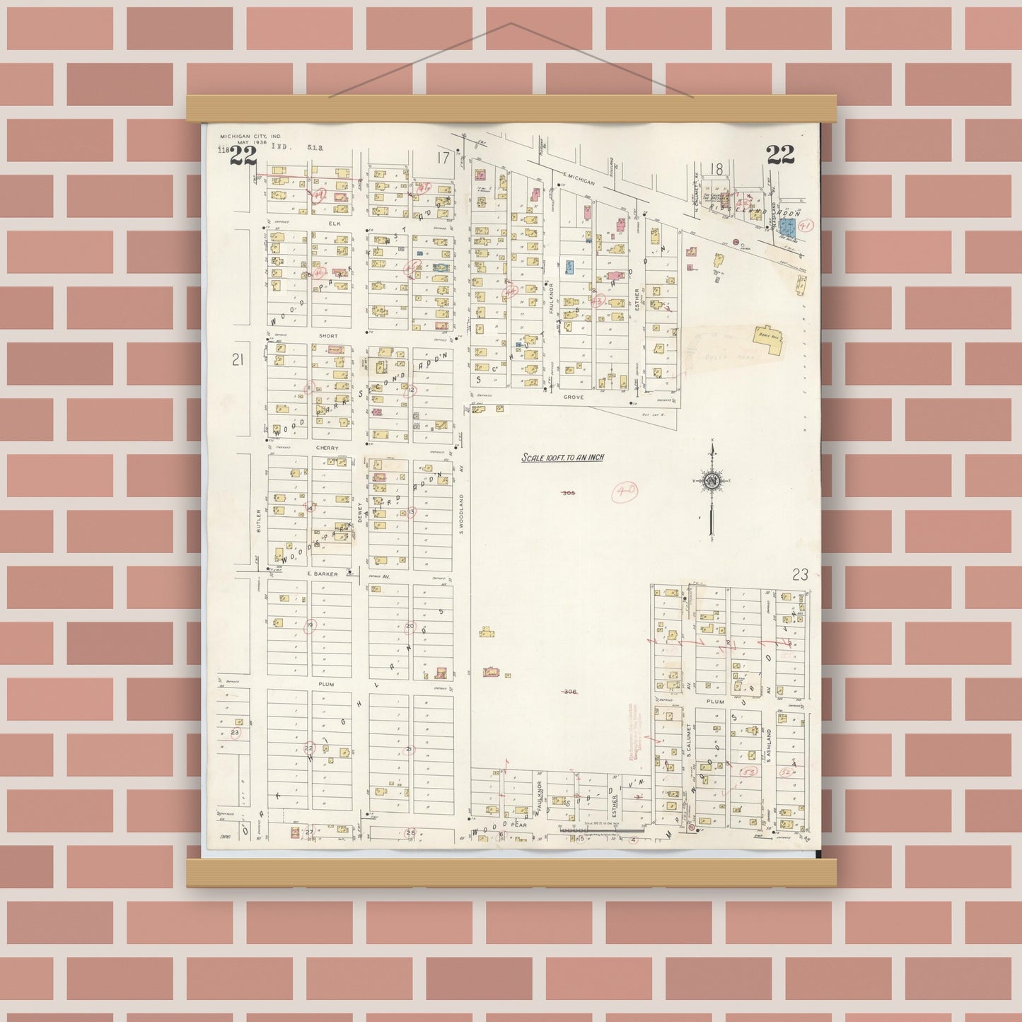 Old map wall art mockup — magnetic wood frame on brick wall — Sanborn Fire Insurance Map from Michigan City, La Porte County, Indiana (1948), Sheet #0022