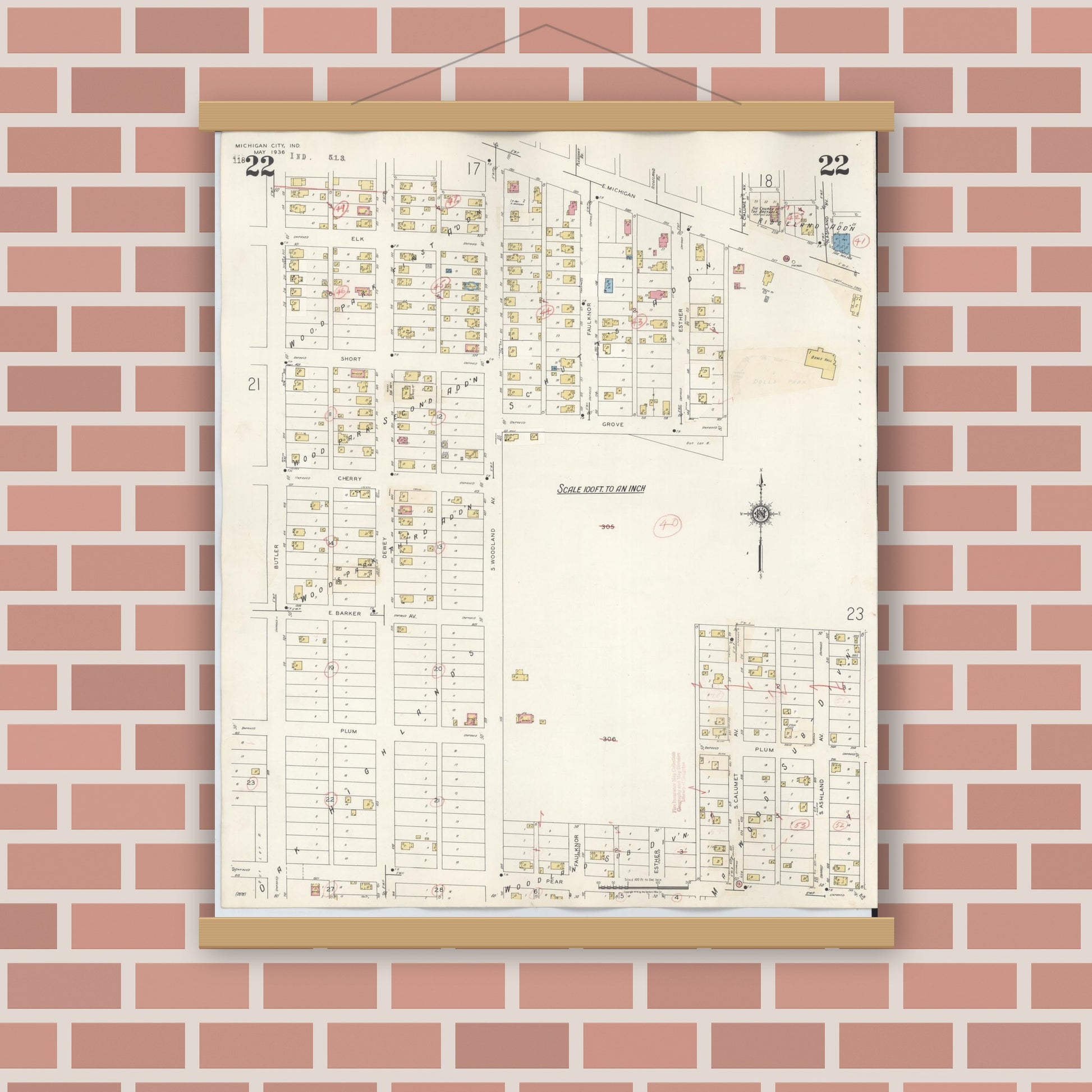 Old map wall art mockup — magnetic wood frame on brick wall — Sanborn Fire Insurance Map from Michigan City, La Porte County, Indiana (1948), Sheet #0022