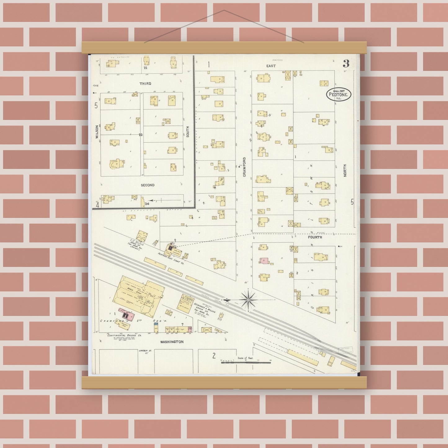 Old map wall art mockup — magnetic wood frame on brick wall — Sanborn Fire Insurance Map from Peotone, Will County, Illinois (1907), Sheet #0003