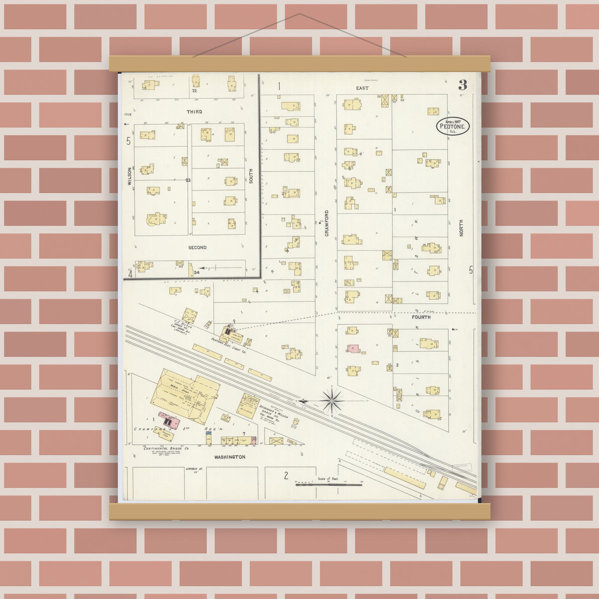 Old map wall art mockup — magnetic wood frame on brick wall — Sanborn Fire Insurance Map from Peotone, Will County, Illinois (1907), Sheet #0003