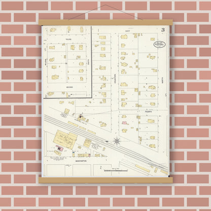 Old map wall art mockup — magnetic wood frame on brick wall — Sanborn Fire Insurance Map from Peotone, Will County, Illinois (1907), Sheet #0003
