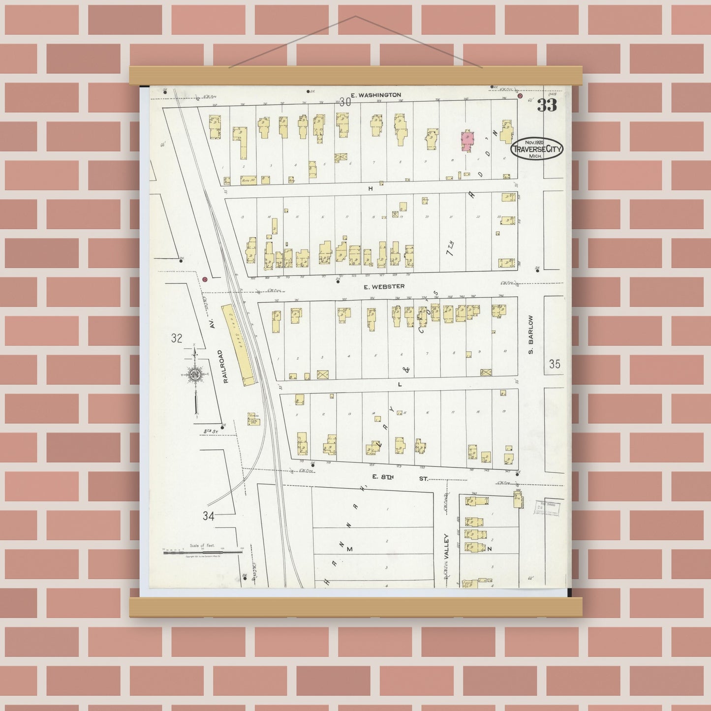 Old map wall art mockup — magnetic wood frame on brick wall — Sanborn Fire Insurance Map from Traverse City, Grand Traverse County, Michigan (1920), Sheet #0033