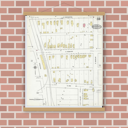 Old map wall art mockup — magnetic wood frame on brick wall — Sanborn Fire Insurance Map from Traverse City, Grand Traverse County, Michigan (1920), Sheet #0033