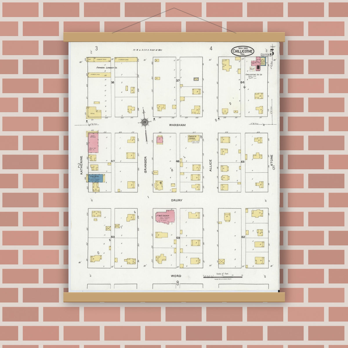 Old map wall art mockup — magnetic wood frame on brick wall — Sanborn Fire Insurance Map from Chillicothe, Hardeman County, Texas (1921), Sheet #0005