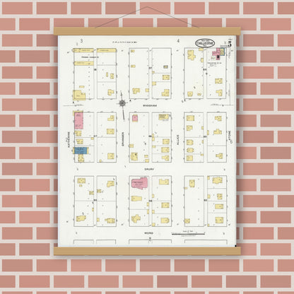 Old map wall art mockup — magnetic wood frame on brick wall — Sanborn Fire Insurance Map from Chillicothe, Hardeman County, Texas (1921), Sheet #0005