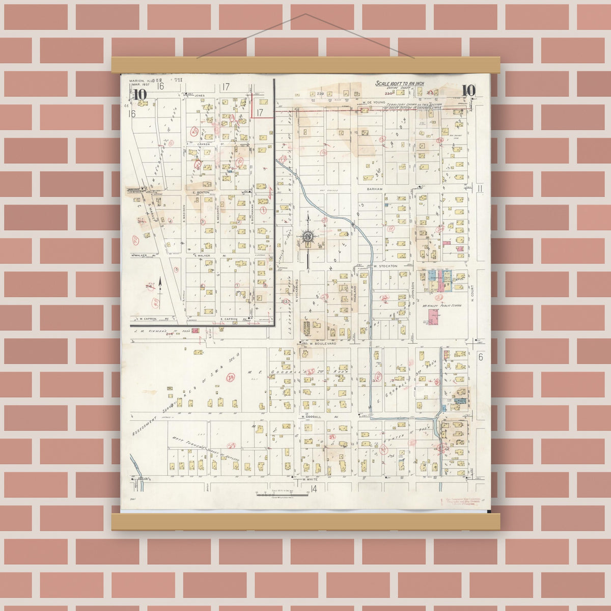 Old map wall art mockup — magnetic wood frame on brick wall — Sanborn Fire Insurance Map from Marion, Williamson County, Illinois (1946), Sheet #0010