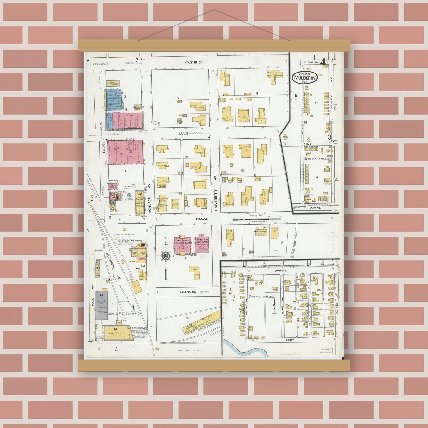 Old map wall art mockup — magnetic wood frame on brick wall — Sanborn Fire Insurance Map from Mulberry, Polk County, Florida (1919), Sheet #0004
