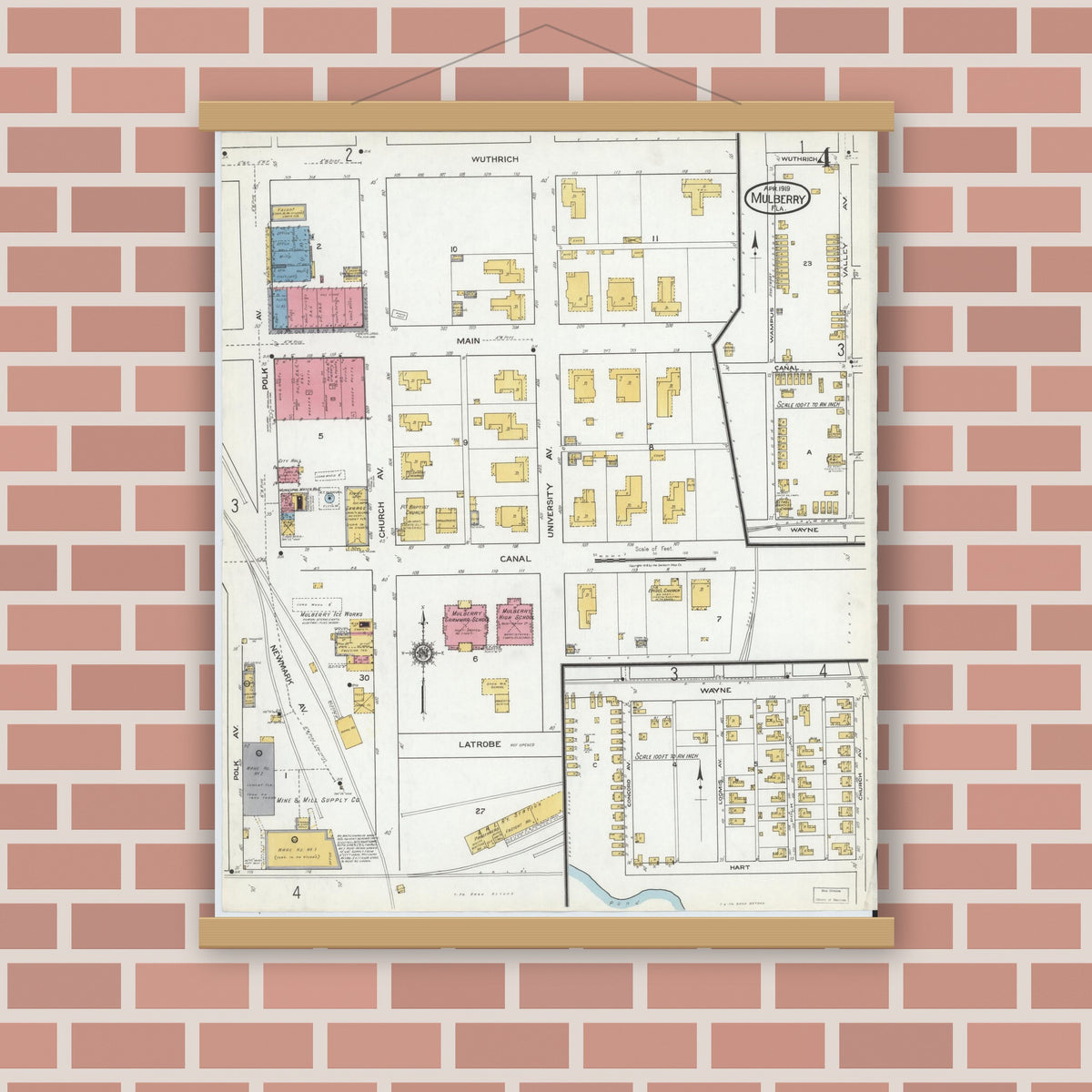 Old map wall art mockup — magnetic wood frame on brick wall — Sanborn Fire Insurance Map from Mulberry, Polk County, Florida (1919), Sheet #0004