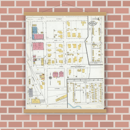 Old map wall art mockup — magnetic wood frame on brick wall — Sanborn Fire Insurance Map from Mulberry, Polk County, Florida (1919), Sheet #0004