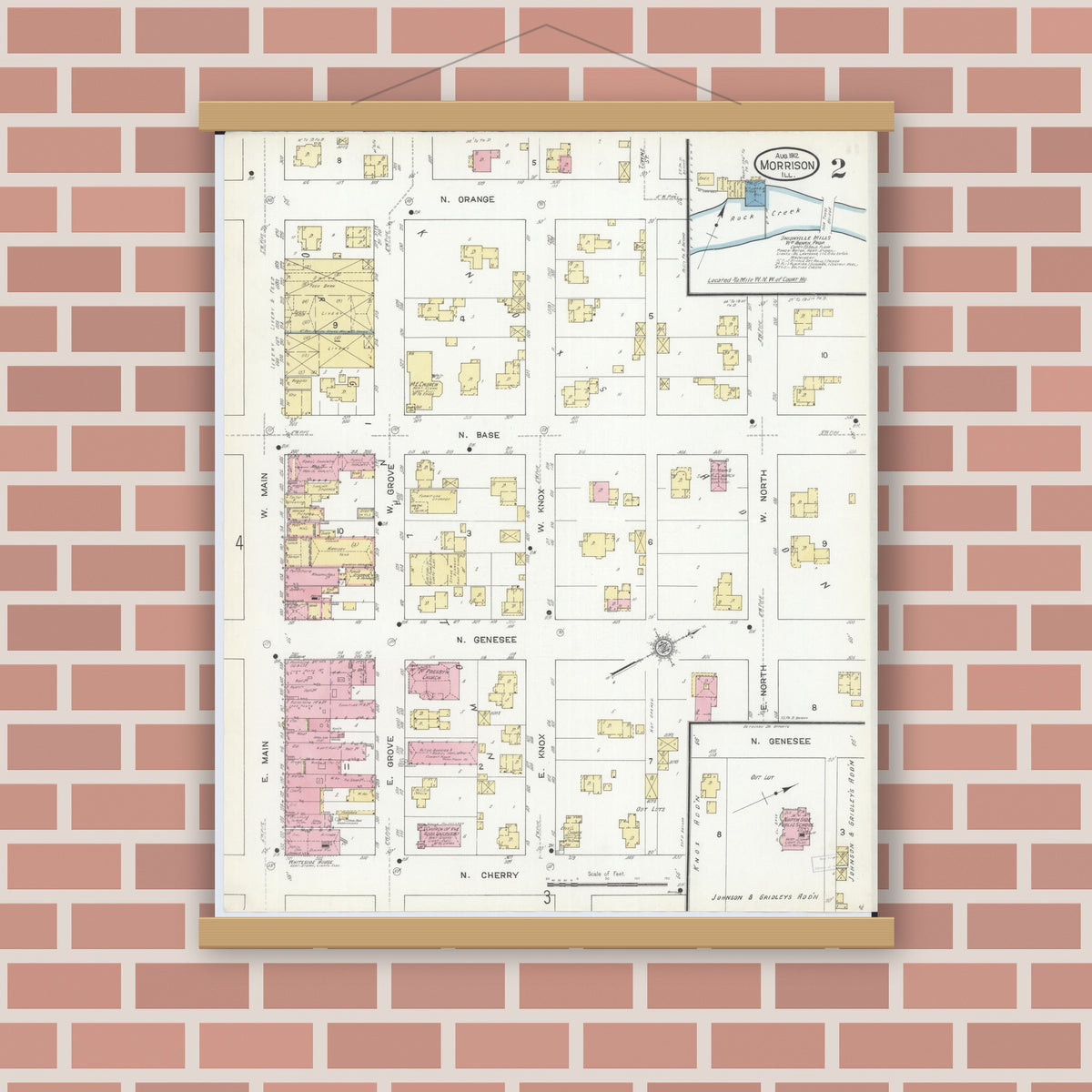 Old map wall art mockup — magnetic wood frame on brick wall — Sanborn Fire Insurance Map from Morrison, Whiteside County, Illinois (1912), Sheet #0002