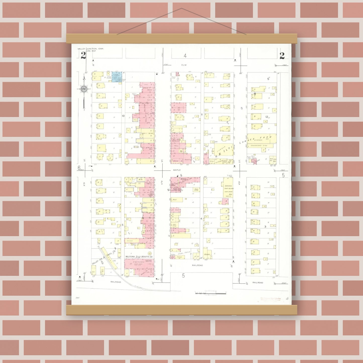 Old map wall art mockup — magnetic wood frame on brick wall — Sanborn Fire Insurance Map from Valley Junction, Polk County, Iowa (1937), Sheet #0002