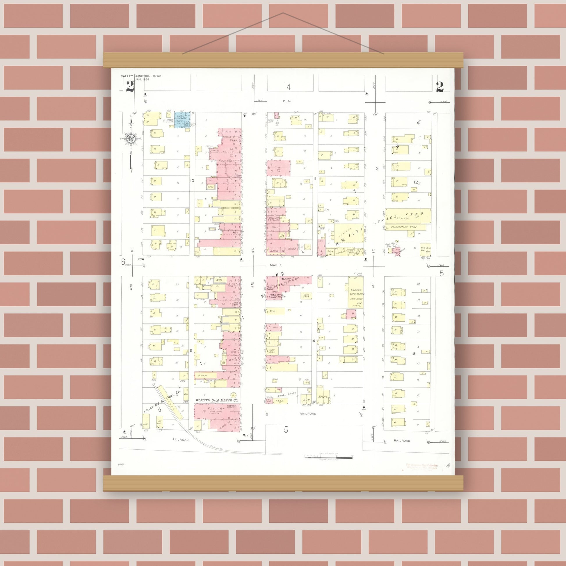 Old map wall art mockup — magnetic wood frame on brick wall — Sanborn Fire Insurance Map from Valley Junction, Polk County, Iowa (1937), Sheet #0002