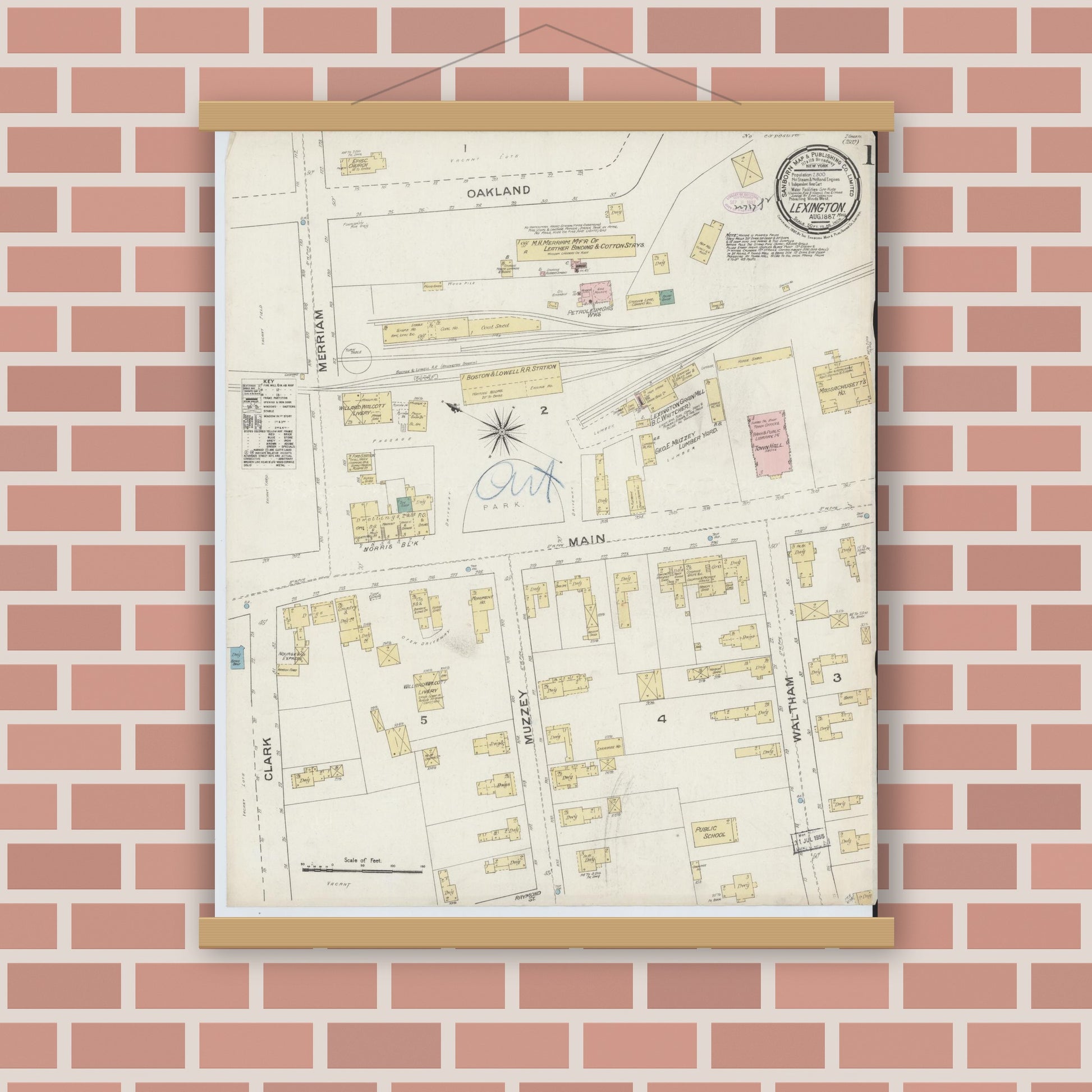 Old map wall art mockup — magnetic wood frame on brick wall — Sanborn Fire Insurance Map from Lexington, Middlesex County, Massachusetts (1887), Sheet #0001