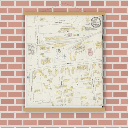 Old map wall art mockup — magnetic wood frame on brick wall — Sanborn Fire Insurance Map from Lexington, Middlesex County, Massachusetts (1887), Sheet #0001