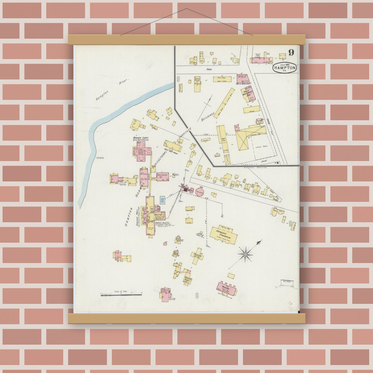Old map wall art mockup — magnetic wood frame on brick wall — Sanborn Fire Insurance Map from Hampton, Independent Cities, Virginia (1895), Sheet #0009